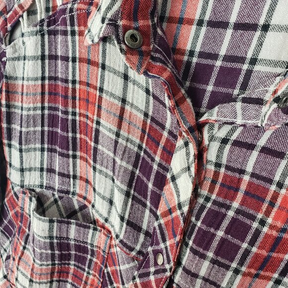 Free People Gauze Plaid Shirt Cutout Shoulder Western Boho 70s size L Relaxed - Picture 6 of 12